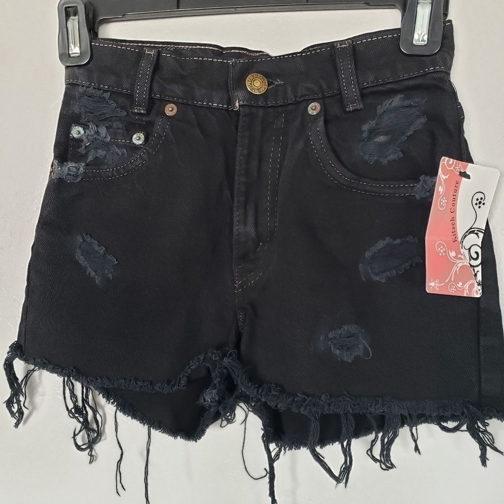 Levi's Vintage Denim Cut Off Shorts Reworked Dyed Black Distressed Size 24 Jeans